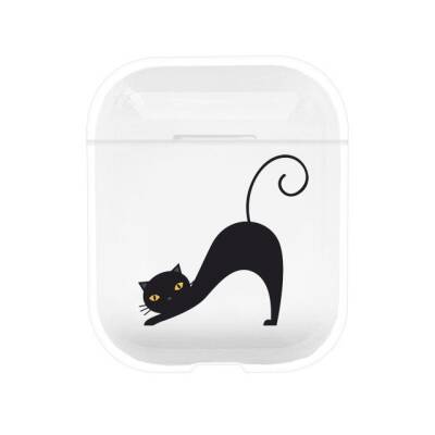 AirPods / AirPods 2 Black Cat Resimli Şeffaf Rubber Kılıf - 1