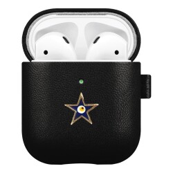 Dafoni AirPods / AirPods 2 Nazar Boncuğu Yıldız Taşlı Siyah Deri Kılıf - 1