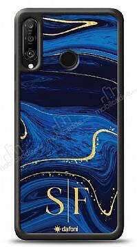 Dafoni Glossy Huawei P30 Lite Kişiye Özel Çift Harf Simli Lacivert Mermer Kılıf - 1