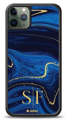 Dafoni Glossy iPhone 11 Pro Kişiye Özel Çift Harf Simli Lacivert Mermer Kılıf - 1