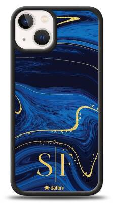 Dafoni Glossy iPhone 13 Mini Kişiye Özel Çift Harf Simli Lacivert Mermer Kılıf - 1