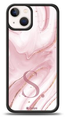 Dafoni Glossy iPhone 13 Mini Kişiye Özel Harf Simli Pembe Mermer Kılıf - 1