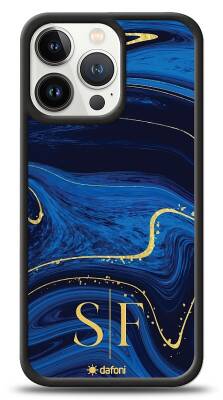 Dafoni Glossy iPhone 13 Pro Kişiye Özel Çift Harf Simli Lacivert Mermer Kılıf - 1