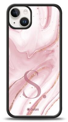 Dafoni Glossy iPhone 15 Plus Kişiye Özel Harf Simli Pembe Mermer Kılıf - 1