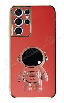 Eiroo Astronot Samsung Galaxy S21 Ultra Standlı Kırmızı Silikon Kılıf - 1