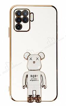 Eiroo Baby Bear Oppo Reno 5 Lite Standlı Beyaz Silikon Kılıf - 1