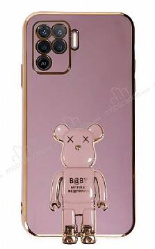 Eiroo Baby Bear Oppo Reno 5 Lite Standlı Mor Silikon Kılıf - 1