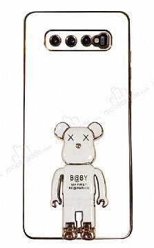 Eiroo Baby Bear Samsung Galaxy S10 Plus Standlı Beyaz Silikon Kılıf - 1