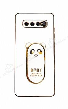 Eiroo Baby Panda Samsung Galaxy S10 Plus Standlı Beyaz Silikon Kılıf - 1