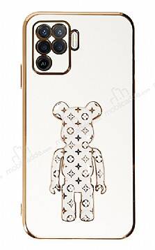 Eiroo Bearbrick Oppo Reno 5 Lite Standlı Beyaz Silikon Kılıf - 1