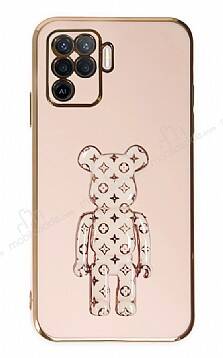 Eiroo Bearbrick Oppo Reno 5 Lite Standlı Pembe Silikon Kılıf - 1