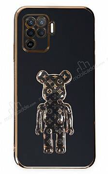 Eiroo Bearbrick Oppo Reno 5 Lite Standlı Siyah Silikon Kılıf - 1