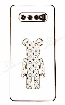 Eiroo Bearbrick Samsung Galaxy S10 Plus Standlı Beyaz Silikon Kılıf - 1