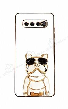 Eiroo Bulldog Samsung Galaxy S10 Plus Standlı Beyaz Silikon Kılıf - 1