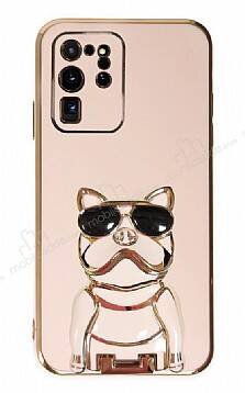 Eiroo Bulldog Samsung Galaxy S20 Ultra Standlı Pembe Silikon Kılıf - 1