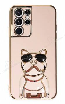 Eiroo Bulldog Samsung Galaxy S21 Ultra Standlı Pembe Silikon Kılıf - 1