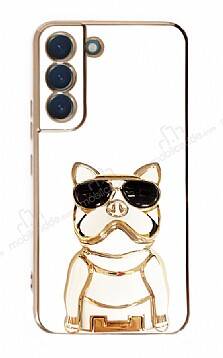 Eiroo Bulldog Samsung Galaxy S22 5G Standlı Beyaz Silikon Kılıf - 1