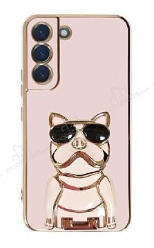 Eiroo Bulldog Samsung Galaxy S22 5G Standlı Pembe Silikon Kılıf - 1