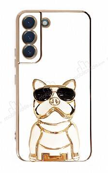 Eiroo Bulldog Samsung Galaxy S22 Plus 5G Standlı Beyaz Silikon Kılıf - 1