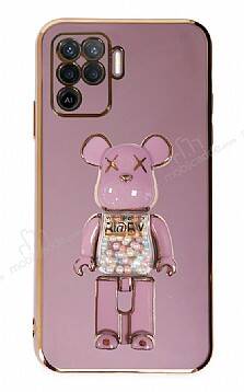 Eiroo Candy Bear Oppo Reno 5 Lite Standlı Mor Silikon Kılıf - 1