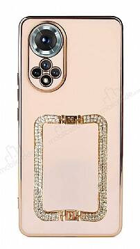 Eiroo Crystal Serisi Honor 50 Kare Gold Taşlı Tutuculu Pembe Silikon Kılıf - 1