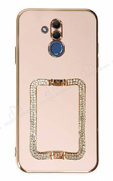 Eiroo Crystal Serisi Huawei Mate 20 Lite Kare Gold Taşlı Tutuculu Pembe Silikon Kılıf - 1