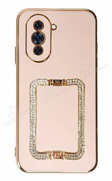 Eiroo Crystal Serisi Huawei nova 10 Pro Kare Gold Taşlı Tutuculu Pembe Silikon Kılıf - 1