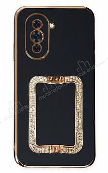 Eiroo Crystal Serisi Huawei nova 10 Pro Kare Gold Taşlı Tutuculu Siyah Silikon Kılıf - 1