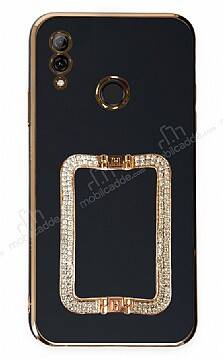 Eiroo Crystal Serisi Huawei P Smart 2019 Kare Gold Taşlı Tutuculu Siyah Silikon Kılıf - 1