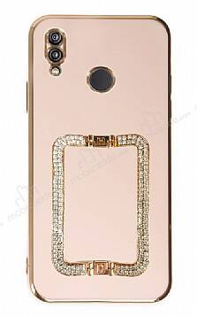 Eiroo Crystal Serisi Huawei P20 Lite Kare Gold Taşlı Tutuculu Pembe Silikon Kılıf - 1