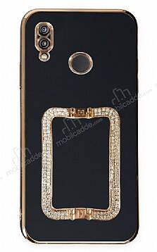 Eiroo Crystal Serisi Huawei P20 Lite Kare Gold Taşlı Tutuculu Siyah Silikon Kılıf - 1