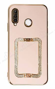 Eiroo Crystal Serisi Huawei P30 Lite Kare Gold Taşlı Tutuculu Pembe Silikon Kılıf - 1