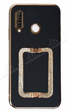 Eiroo Crystal Serisi Huawei P30 Lite Kare Gold Taşlı Tutuculu Siyah Silikon Kılıf - 1