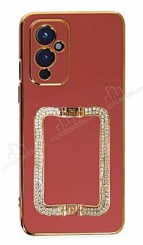 Eiroo Crystal Serisi OnePlus 9 Kare Gold Taşlı Tutuculu Kırmızı Silikon Kılıf - 1