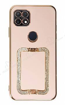 Eiroo Crystal Serisi Oppo A15 / A15s Kare Gold Taşlı Tutuculu Pembe Silikon Kılıf - 1