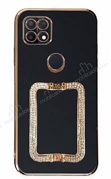 Eiroo Crystal Serisi Oppo A15 / A15s Kare Gold Taşlı Tutuculu Siyah Silikon Kılıf - 1