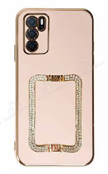 Eiroo Crystal Serisi Oppo A16 Kare Gold Taşlı Tutuculu Pembe Silikon Kılıf - 1