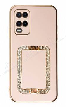 Eiroo Crystal Serisi Oppo A54 4G Kare Gold Taşlı Tutuculu Pembe Silikon Kılıf - 1