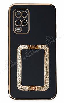 Eiroo Crystal Serisi Oppo A54 4G Kare Gold Taşlı Tutuculu Siyah Silikon Kılıf - 1