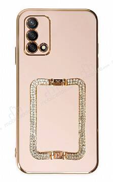 Eiroo Crystal Serisi Oppo A74 4G Kare Gold Taşlı Tutuculu Pembe Silikon Kılıf - 1