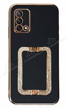 Eiroo Crystal Serisi Oppo A74 4G Kare Gold Taşlı Tutuculu Siyah Silikon Kılıf - 1