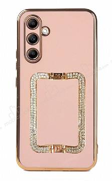 Eiroo Crystal Serisi Samsung Galaxy A14 4G Kare Gold Taşlı Tutuculu Pembe Silikon Kılıf - 1