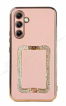 Eiroo Crystal Serisi Samsung Galaxy A54 Kare Gold Taşlı Tutuculu Pembe Silikon Kılıf - 1