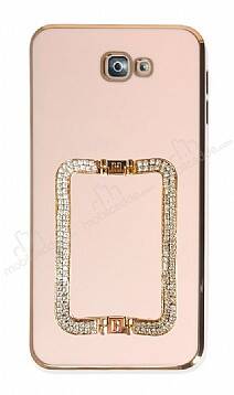 Eiroo Crystal Serisi Samsung Galaxy J7 Prime Kare Gold Taşlı Tutuculu Pembe Silikon Kılıf - 1