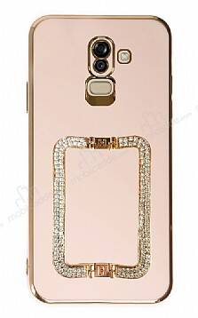 Eiroo Crystal Serisi Samsung Galaxy J8 Kare Gold Taşlı Tutuculu Pembe Silikon Kılıf - 1