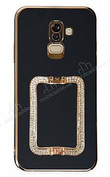 Eiroo Crystal Serisi Samsung Galaxy J8 Kare Gold Taşlı Tutuculu Siyah Silikon Kılıf - 1