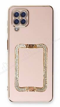 Eiroo Crystal Serisi Samsung Galaxy M22 Kare Gold Taşlı Tutuculu Pembe Silikon Kılıf - 1