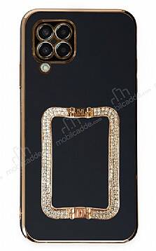 Eiroo Crystal Serisi Samsung Galaxy M33 Kare Gold Taşlı Tutuculu Siyah Silikon Kılıf - 1