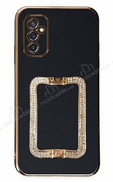 Eiroo Crystal Serisi Samsung Galaxy M52 5G Kare Gold Taşlı Tutuculu Siyah Silikon Kılıf - 1