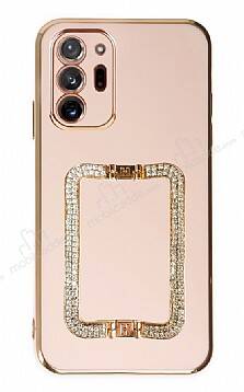 Eiroo Crystal Serisi Samsung Galaxy Note 20 Ultra Kare Gold Taşlı Tutuculu Pembe Silikon Kılıf - 1